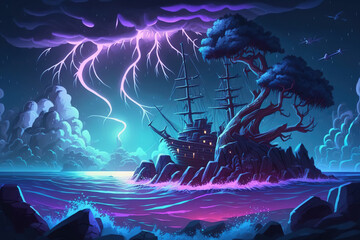 Wall Mural - With lightning and a background of a futuristic internet network, a magical storm night at sea is depicted. Generative AI