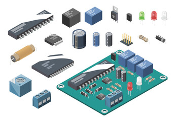 Basic Electronic and semiconductor Components Circuit Design isometric symbols set Concept illustration isometric isolated vector