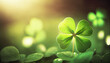 A close-up of a green 4-leaf clover with dew on it. St. Patrick's Day concept.Generative Ai