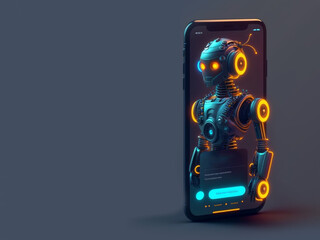 Futuristic humanoid robot in screen of smartphone. Concept of chatbot with artificial intelligence.