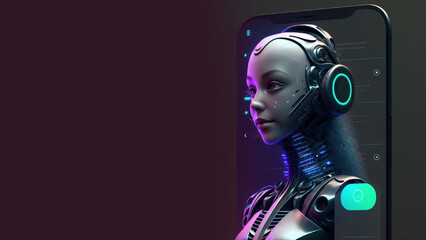 Futuristic humanoid woman robot in screen of smartphone. Concept of chatbot with artificial intelligence.