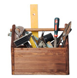 Fototapeta Dmuchawce - Old Carpenter Wooden toolbox with tools isolated isolate on transperent background