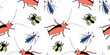 Vector seamless pattern of insect pests - oriental cockroaches, flies, mosquitoes. Bright background and pest control texture.