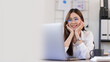 © snowing12 - Banner with blank copyspace, Business concept, Businesswoman is touching chin on hands and reading business data on laptop