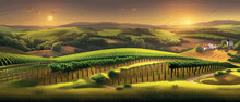 Vineyards With Vines And Hilly Tuscan Landscapes Near The Winery , With The Village In The Background . Vector Illustration Banner. Spring Blank Background