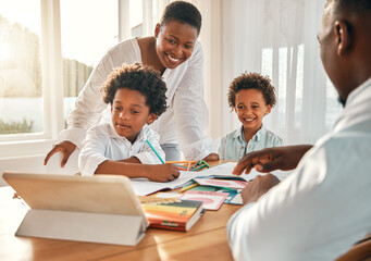 Poster - Elearning, children video and education with mother and father help of black family in a home. Student boys, tablet learning and online school development app with happiness and smile in a house