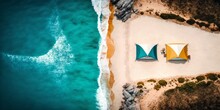 Two Tents On The Remote Beach, On The Ocean. Travelling Concept. Top View. Copy Space. AI Image