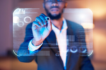Aufkleber - Hologram, digital and touchscreen with hands of man for 3d interface, networking and cloud computing. Future, database and ui software with employee and overlay for technology, internet and graphic