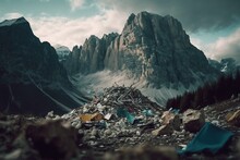 Environmental Pollution Concept: Piles Of Garbage In Dolomite Mountains, Italy