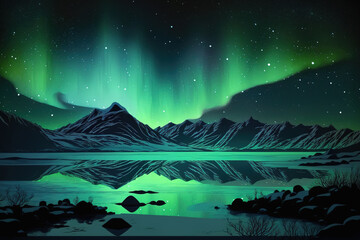 Wall Mural - Winter scenic landscape night view of Aurora Borealis Northern lights dancing on the clear sky full of stars above lake Myvatn, north Iceland Beautiful winter wonderland fairytale background scene