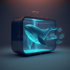 Wall Mural - Generative AI of a blue whale inside a suitcase on dark background