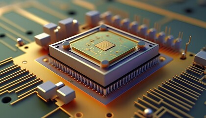 Poster - Vintage old microchip on motherboard background. Blockchain big data network. Generative AI technology.