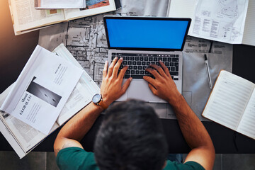Aufkleber - Hands, laptop and overhead with an architect man at his desk, working on design or a building plan. Computer, architecture and blueprint with a male engineer at work on a development project