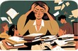 Teacher sitting at desk looking stressed and overworked, piles of papers and books around and surrounded by students, concept of Fatigued and Overburdened, created with Generative AI technology