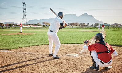 Canvas Print - Baseball batter, game or sports man on field at competition, training match on a stadium pitch. Softball exercise, fitness workout or back view of players playing outdoors on grass field in summer