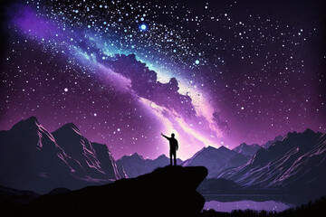 Wall Mural - Milky Way with silhouette of a standing young man pointing finger in night starry sky on the mountain. Night landscape. Beautiful Universe, travel background with purple sky full of stars. Generative