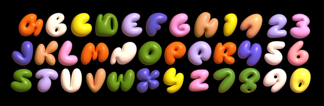 colorful latin 3d alphabet with airy thick letters. font with numbers inflated figures in a cartoon 