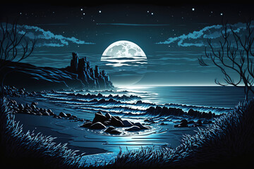 Wall Mural - evening seascape. Moon, moonlight, and a dark countryside with a background of the sea. A blue lit, abstract nighttime landscape. moon reflection in the sea at night. a deserted future landscape