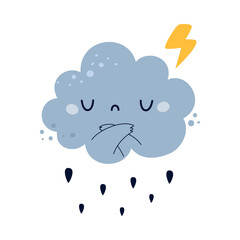 Poster - Blue Fluffy Cloud with Grumpy Face and Folded Arms Pouring Rain Drop and Lightning Vector Illustration