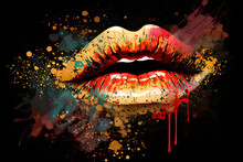 Women Lips With Colorful Splashes Red And Gold Paint Glossy Colored Lips On An Abstract Background
Generative AI.