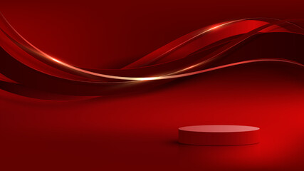3d realistic red podium with red color wave lines with shiny golden curved line
