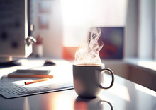 Coffee mug with hot smoke in a home office