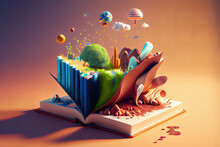 Literacy Day Open Book Papercut Hot Air Balloon. Generative Ai