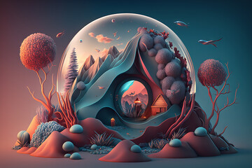 Poster - Generative AI of fantasy landscape in the form of a planet.