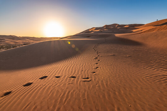 footprints in sand dunes of abu dhabi desert at sunset.