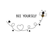 Decorative Slogan And Cute Honey Bee With Heart Shaped Dotted Route, Vector Design, Fashion, Card, Poster And Sticker Print