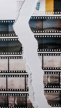 35mm Filmstrips Printed On White Torn Copy Paper, Cool Cover Or Poster Idea, Empty Or Blank Film Material.	9:16 Content.