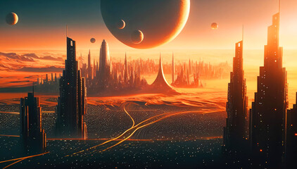 Wall Mural - Futuristic city buildings landscape view. Future Megapolis. Generative ai. 