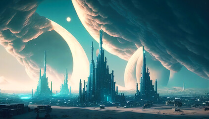 Wall Mural - Futuristic city buildings landscape view. Future Megapolis. Generative ai. 