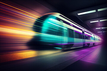 Futuristic Subway at high speed at night with motion blur background. Generative AI technology.