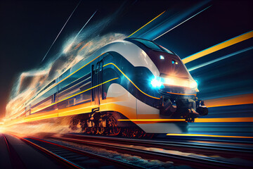 Futuristic Train at high speed at night with motion blur background. Generative AI technology.