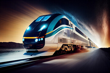 Aufkleber - Futuristic Train at high speed at night with motion blur background. Generative AI technology.