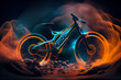 Futuristic Mountain bike at high speed at night with motion blur background. Generative AI technology.