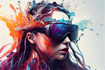 Beautiful abstract surreal girl with VR glasses immersed in liquid concept, contemporary colors and mood social background. Generative AI technology