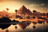 Fototapeta Natura - scenic illustration of the great pyramids and Nile river. AI