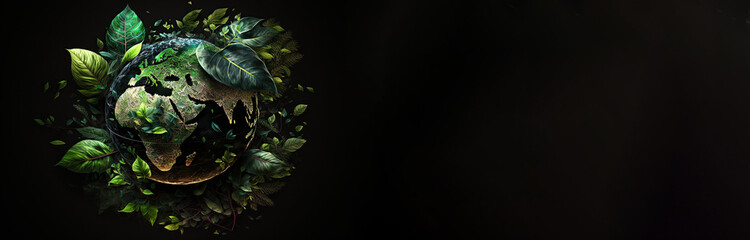 Banner World Earth Day, Globe with splash, levitation flowers and plants, Planet Earth a on black background, Environment conservation concept AI Generative