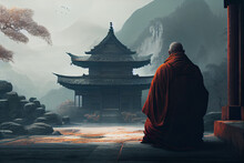 A Monk Meditating In Front Of A Chinese Temple, Foggy Mountains In The Backgroun. Generative AI Technology.