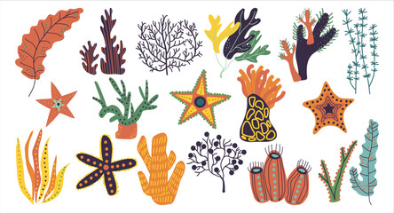 Poster - Underwater marine flora and fauna set. Different underwater plants and marine creatures cartoon vector illustration