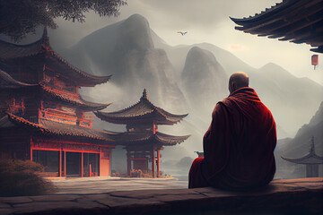 A monk meditating in front of a chinese temple, foggy mountains in the backgroun. Generative AI technology.