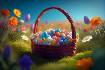 Wall Mural - illustraion of basket wih colorful easter eggs in spring field. AI