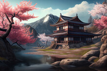 Oriental Landscape With Japanese Traditional Building Close To River And Cloudy Mountains In Time Of Sakura Blossom. Generative AI Technology.