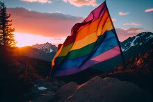 Colorful Pride Flag On Top Of A Mountain, AI