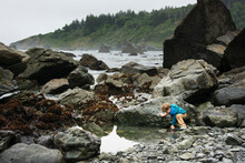Toddler Boy Explores Tide Pool At Patrick's Point State Park, California.