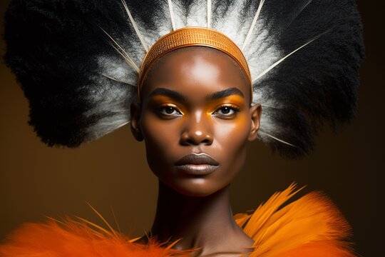 hübsche afroamerikanische frau mit federn am kopf posiert als model für porträt aufnahmen im fotostu