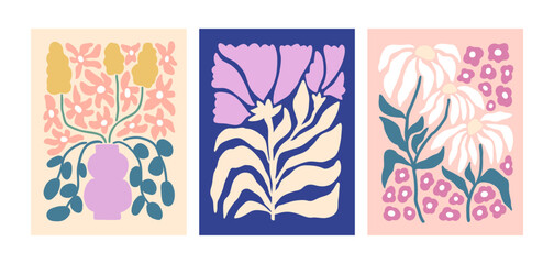Leinwandbilder - Floral posters set. Abstract spring blossomed flowers, interior wall arts. Trendy botanical vertical cards in modern style. Contemporary decoration with blooming plants. Flat vector illustrations