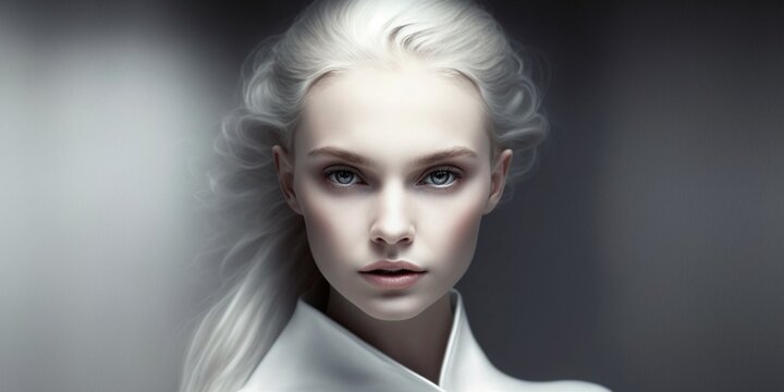 hübsches top model mit weißen haaren und schönes make-up im porträt studio für beauty aufnahmen, ai 